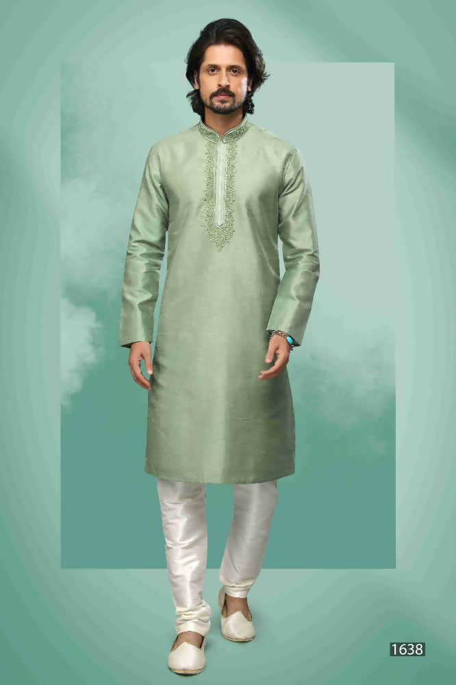 Raivat Ethnic Art Silk Mirror Embroidery Work Kurta Pajama In Light Green Colour - Dista