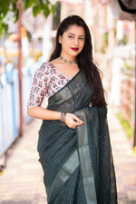Thumbnail for Green Linen Sequence Saree with Unstitched Blouse - Hiral Fashion - Distacart