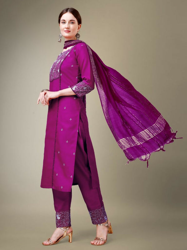 Jyoti Fashion Women's Purple Cotton Blend Embroidery & Fancy Lace work Kurta with Trouser & Dupatta - Distacart