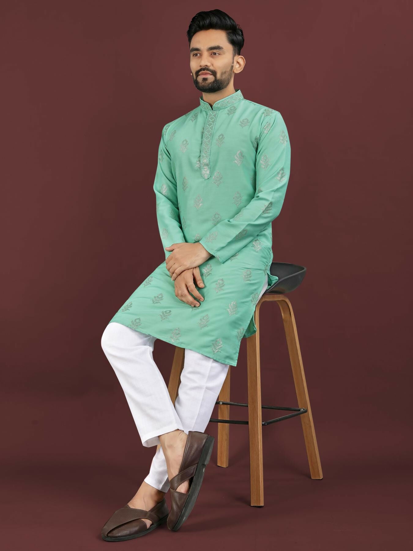 Anaita Turquoise Embroidered Silk Straight Kurta - Distacart