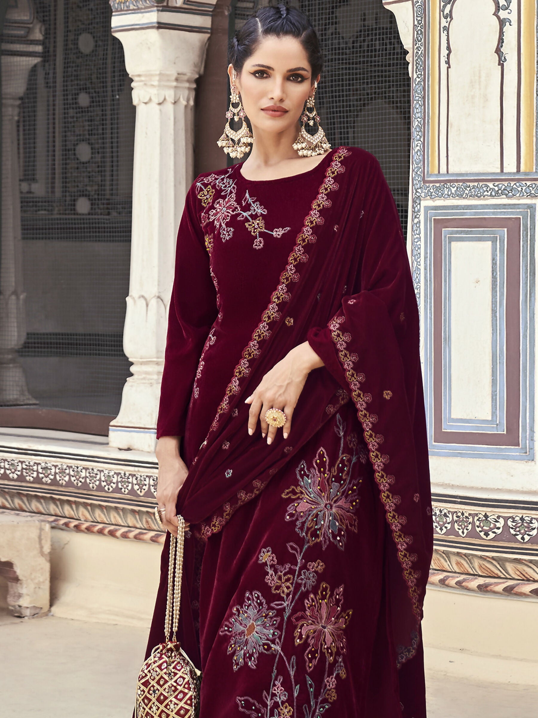 Jyoti Fashion Women's Maroon Velvet Resham Thread with Jari & Sequin Kurta with Trouser & Dupatta - Distacart