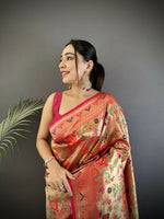 Thumbnail for Joban Fashion Peach Floral & Leaf Motifs Soft Silk Paithani Saree - Distacart