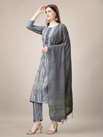Thumbnail for Jyoti Fashion Women's Grey Rayon Print with Embroidery & Fancy Lace Work Kurta with Trouser & Dupatta - Distacart