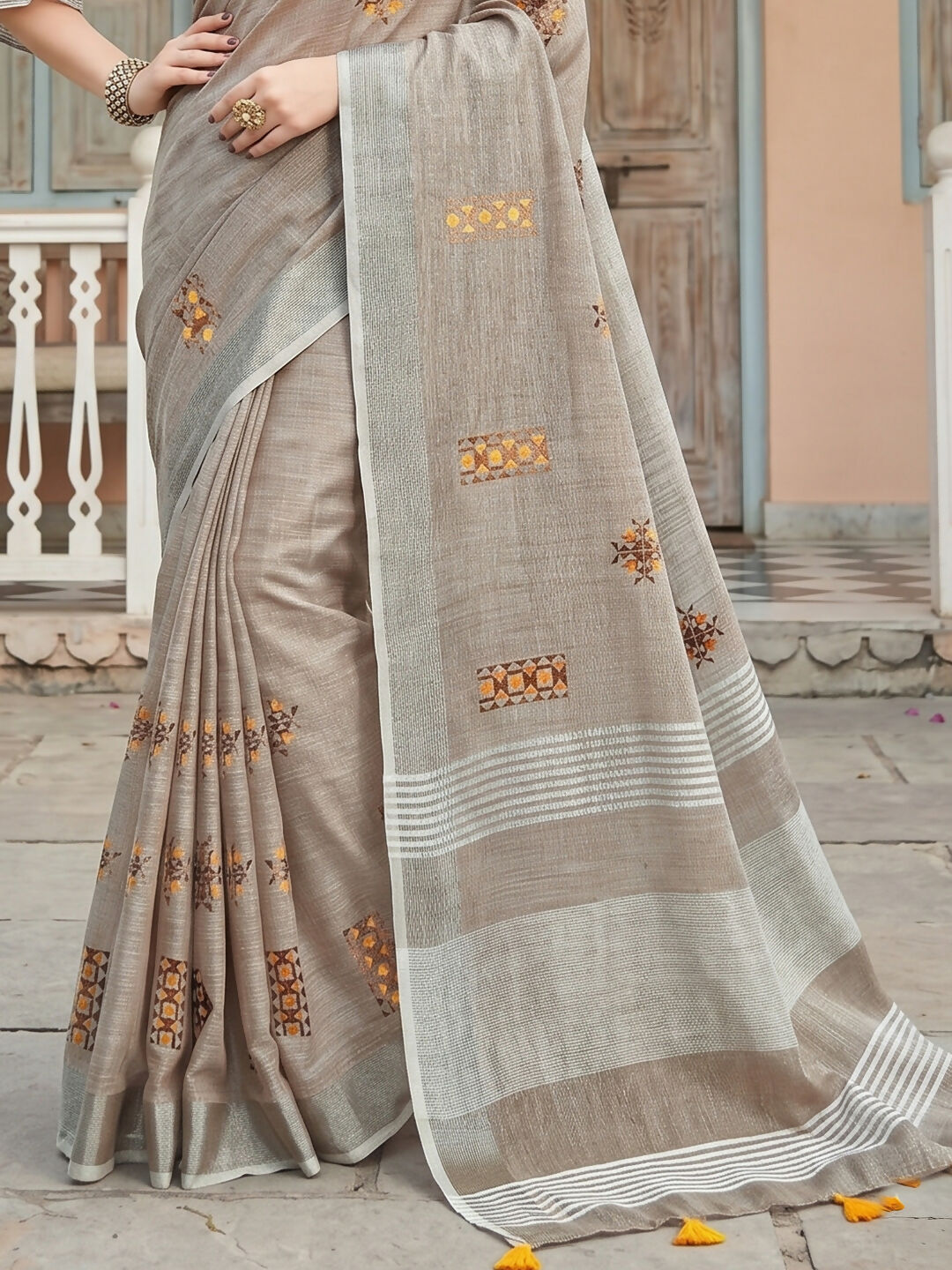 Shree Shyam Fashion Light Beige Linen Saree - Dista