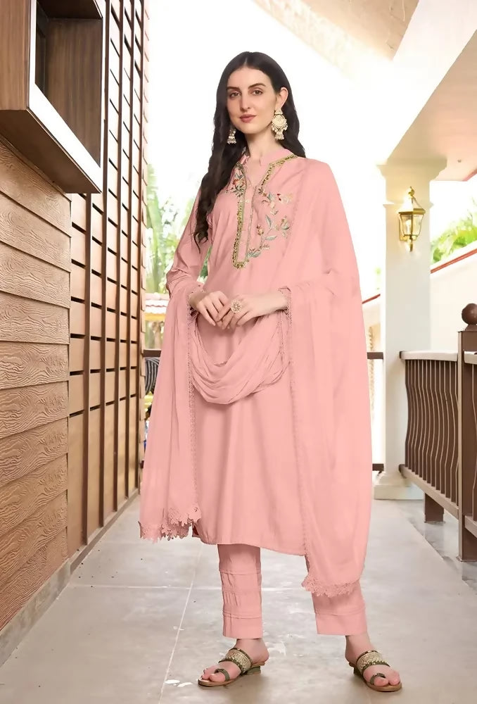 Nikhaar Light Pink Embroidered Art Silk Straight Cut Readymade Pakistani Suit
