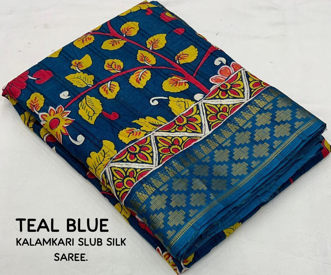 Blue Slub Silk Printed Saree with Unstitched Blouse - Hiral Fashion - Distacart
