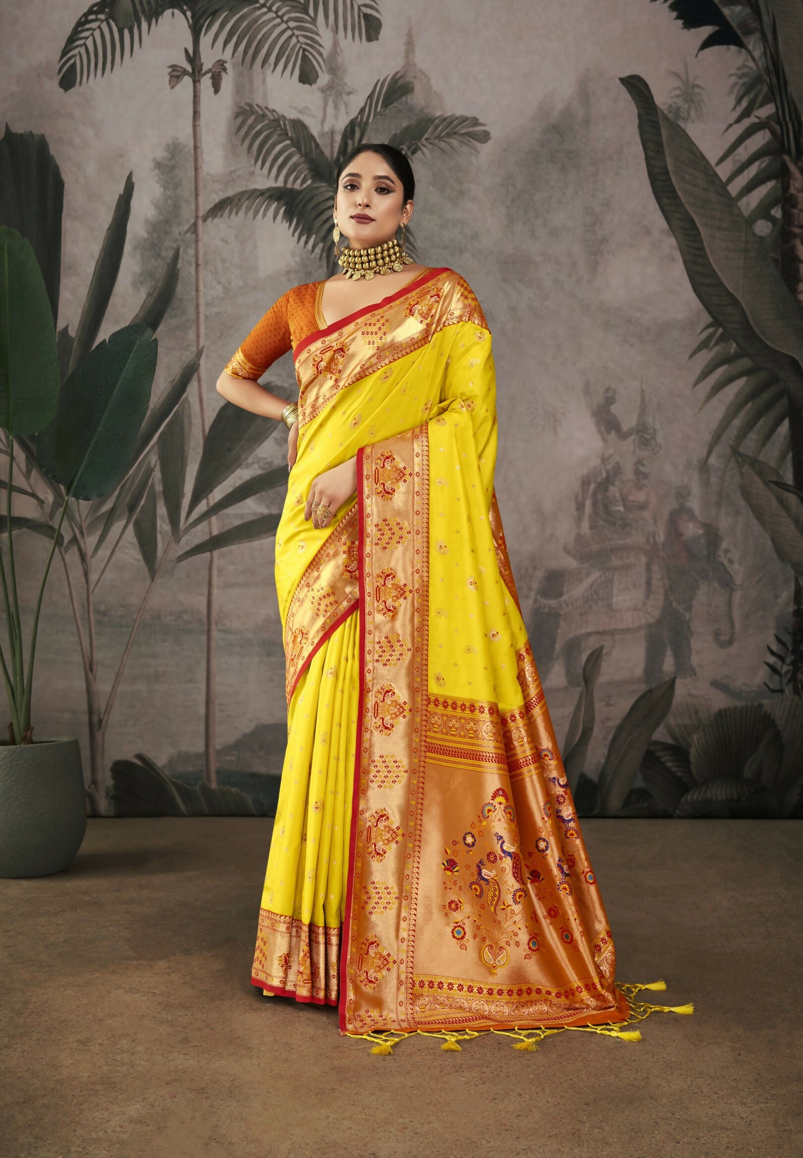Vishnu Weaves Women's Yellow Paithani Silk Saree with Blouse - Distacart