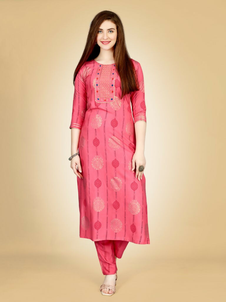 Jyoti Fashion Women's Pink Viscose Rayon Embroidered Kurta Pant Set - Distacart