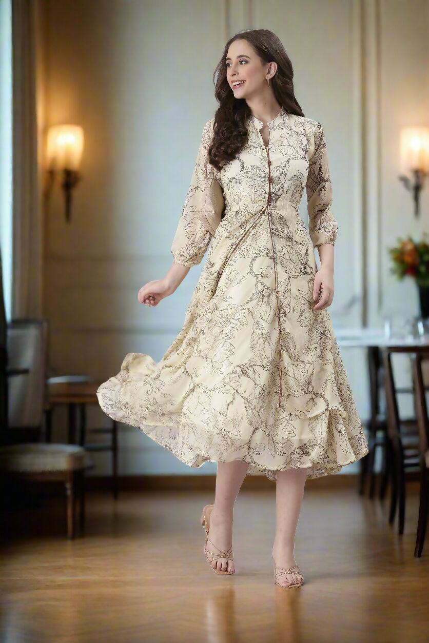 Souchii Floral Tiered Midi Dress For Women – Elegant Beige Button-Front A-Line