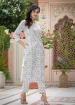 Thumbnail for Kaajh Women's White Grey Floral Print Cotton Kurta Pant Set - Distacart