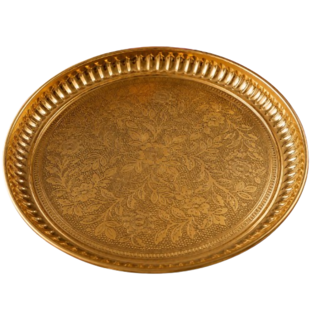 Pure Source India Handmade Flower Embossed Design Brass Puja Thali - Dista