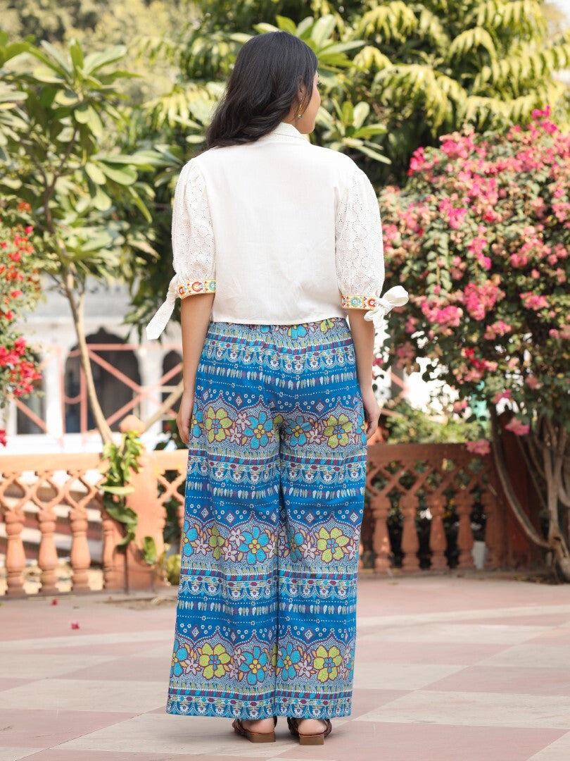 Juniper Blue Floral Printed Rayon Schiffli Top & Pants Set With Thread Work - Distacart