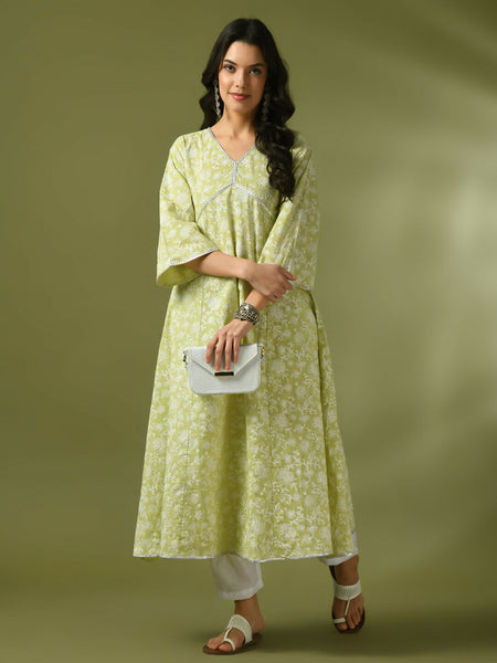 Myshka Women'sLime Green Printed Cotton Anarkali Party Kurta Set - Distacart