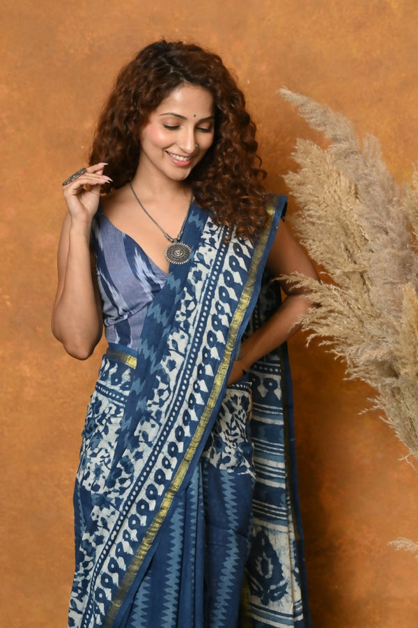 Very Much Indian Handblock Printed Cotton Saree With Natural Dyes - Blue - Distacart