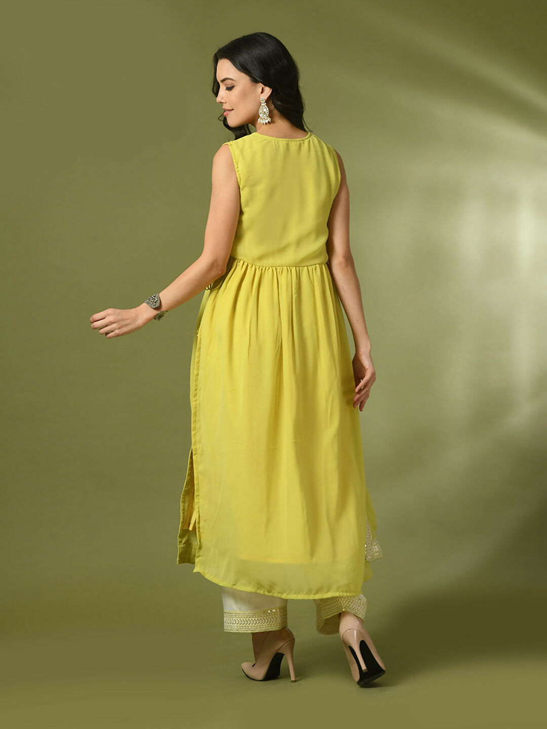 Myshka Women's Yellow Solid Georgette Anarkali Party Kurta Set - Distacart