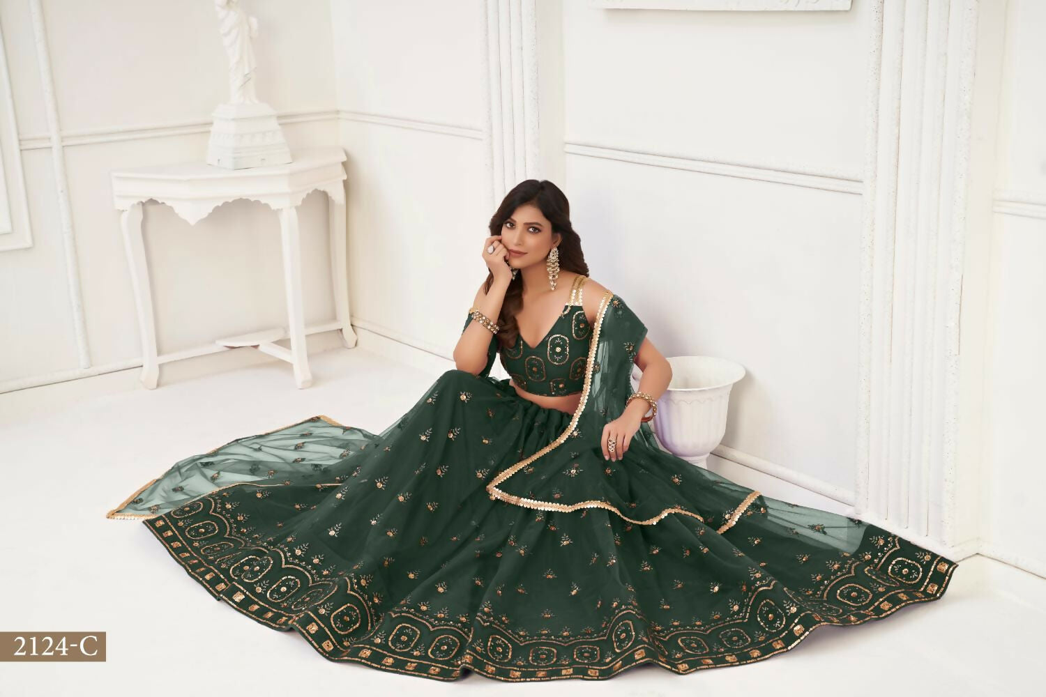 Aastha Fashion Dark Green Butterfly Net Tone To Tone Thread Work And Sandwich Sequence Work Embroidery Wedding Wear Lehenga Choli - Distacart