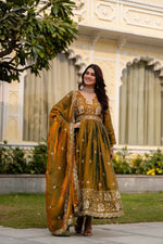 Thumbnail for Teeya Creation Mehendi Primium Fendy Satin Silk Embroidery Work Wedding Wear Gown - Distacart