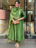 Thumbnail for The52 Light Green Women's Gorgeous Embroidered Work Chanderi Fabric Flared Kurta Pant and Dupatta Set - Distacart