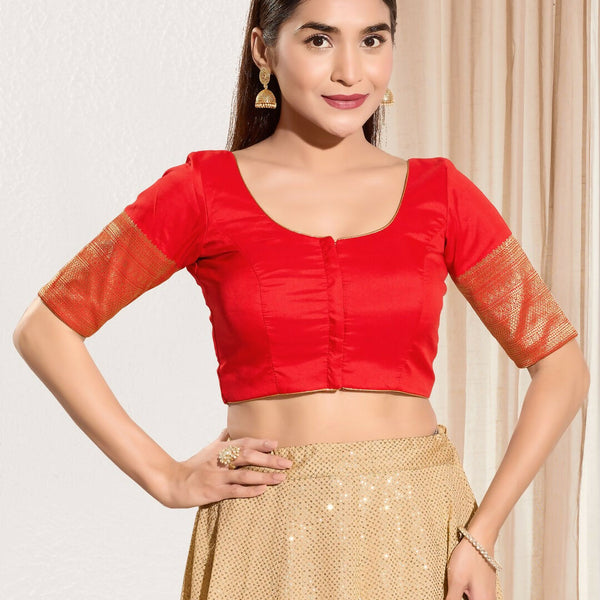 Joban Fashion Red Taffeta Silk Padded Blouse With Round Neck Elbow Sleeves