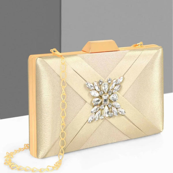Joban Fashion Luxurious Satin Evening Clutch With Detachable Chain Strap - Golden - Dista