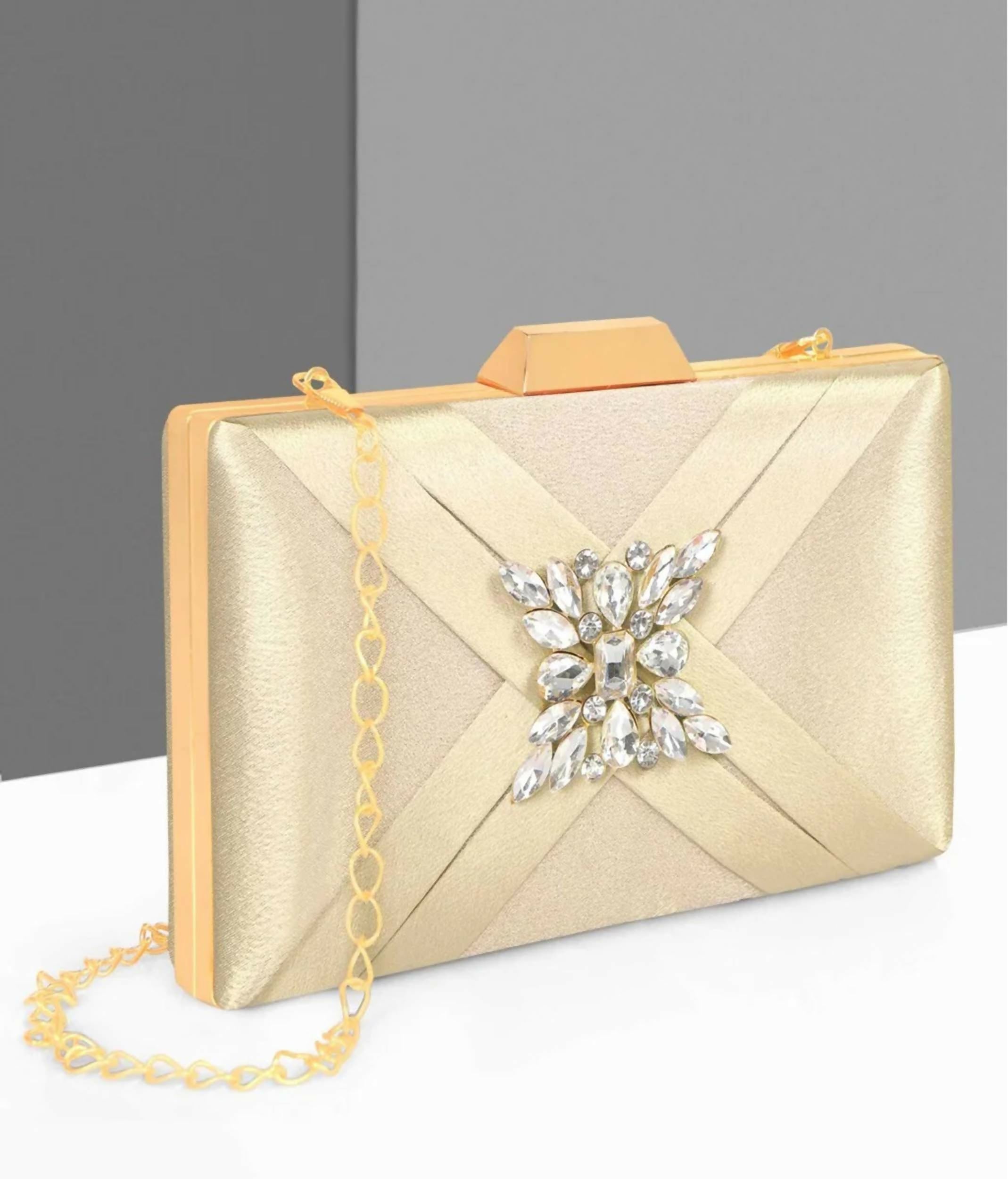 Joban Fashion Luxurious Satin Evening Clutch With Detachable Chain Strap - Golden - Dista