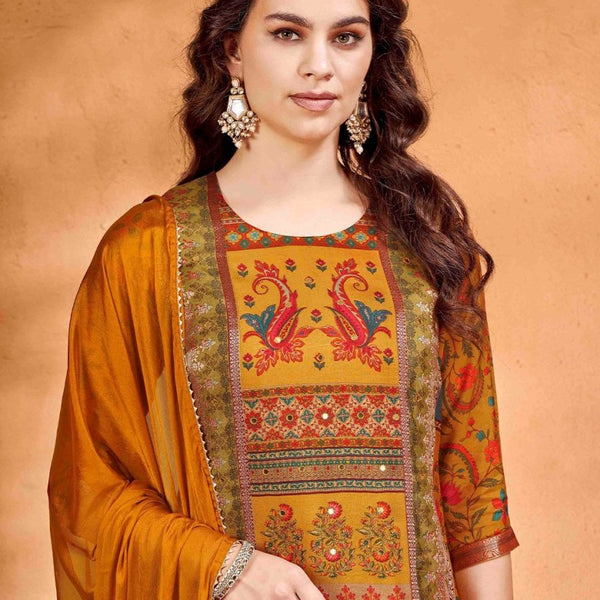 Anouk Ethnic Motifs Printed Mirror Work Pure Silk Straight Kurta with Trousers & Dupatta - Distacart