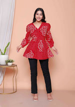 Thumbnail for Miravan Womens Red Bandhani Printed Cotton Butterfly Design Top - Dista