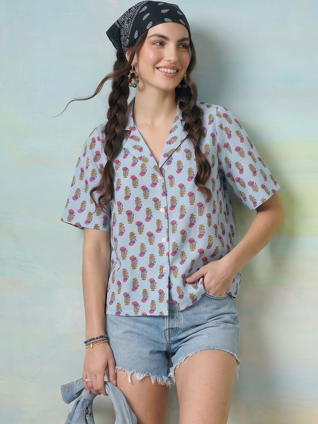 Janasya Powder Blue Shirt Cotton Top - Dista