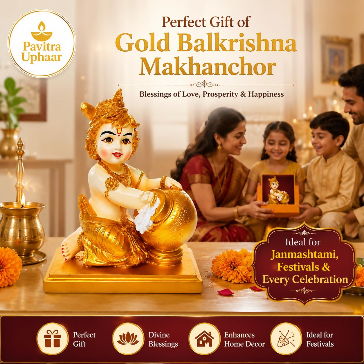 Bal Krishna Idol with Butter Pot - Gold - Dista