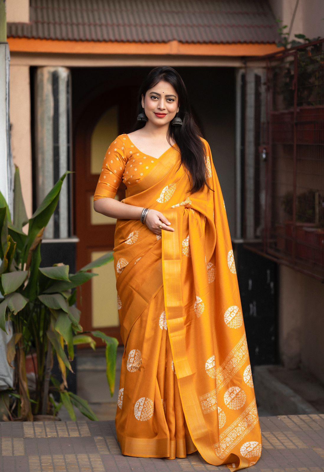 Mustard Cotton Crepe Batik Print Saree with Unstitched Blouse - Hiral Fashion - Distacart