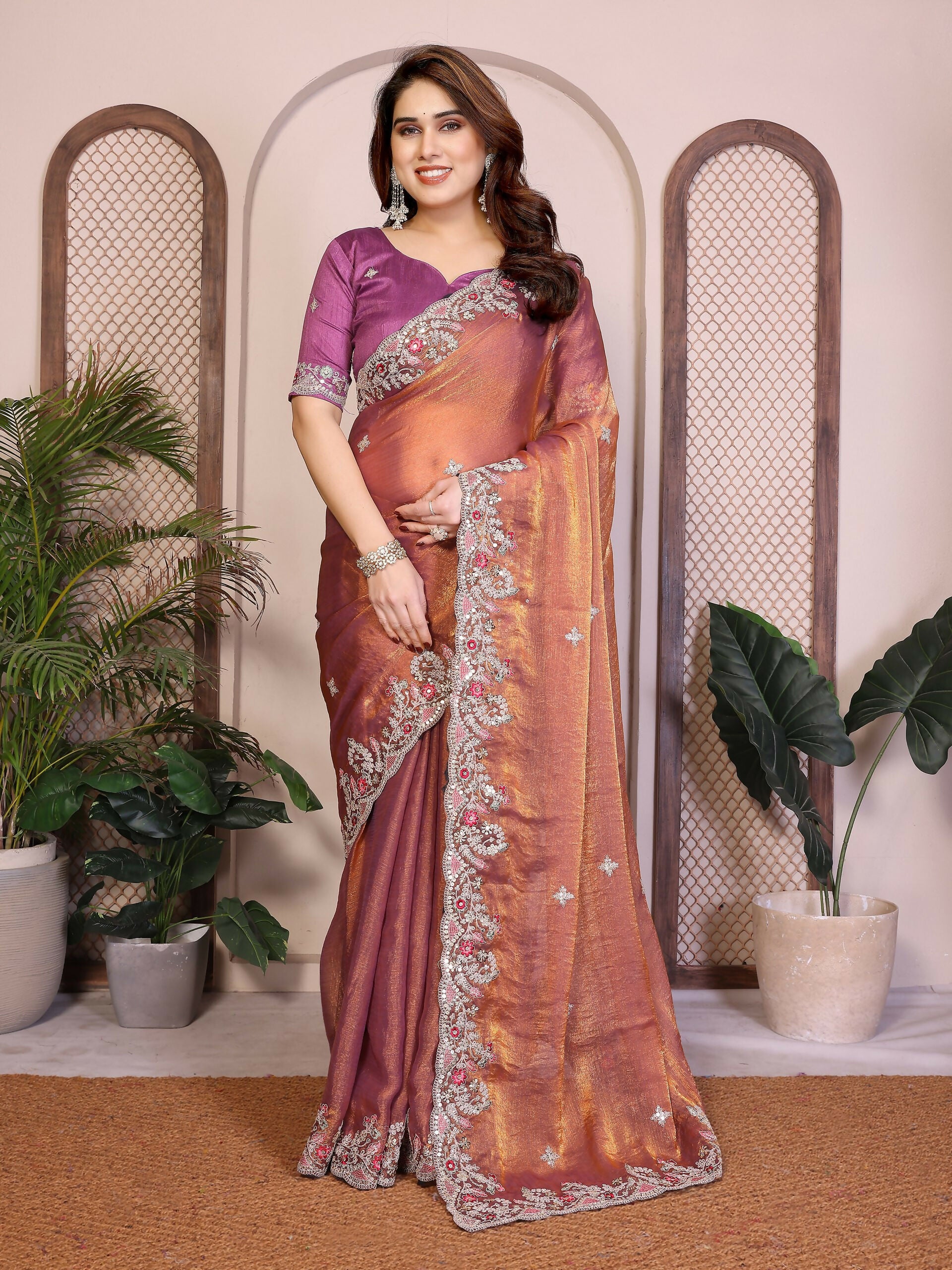 Teeya Creation New Womens Latest Party Wear Soft Chiffon Silk Saree-Peach - Dista