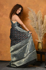 Thumbnail for Very Much Indian Modal Silk Ajrakh Handblock Printed Natural Dyes With Designer Border Saree - Blue - Distacart