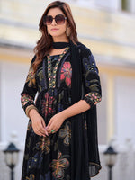 Thumbnail for Kalini Floral Printed V-Neck Thread Work Anarkali Kurta With Trousers & Dupatta
