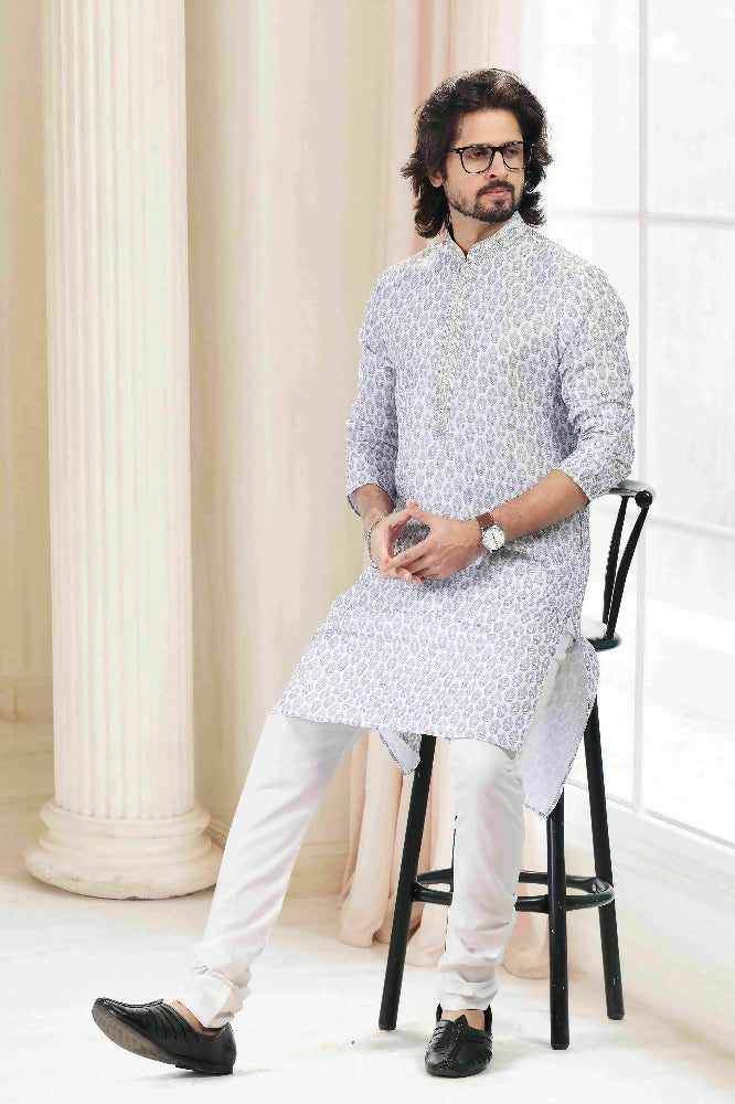 Raivat Ethnic Cotton Thread Work Kurta Pajama In Grey Colour - Dista