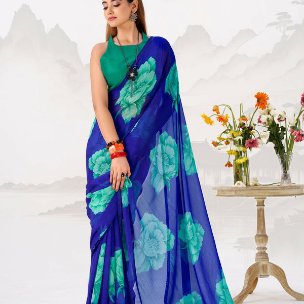 Vastranavya Royal Blue Floral Print with Lace Border work Chiffon Saree & Unstitched Blouse - Distacart