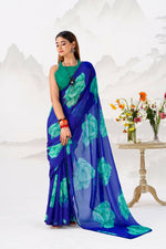 Thumbnail for Vastranavya Royal Blue Floral Print with Lace Border work Chiffon Saree & Unstitched Blouse - Distacart