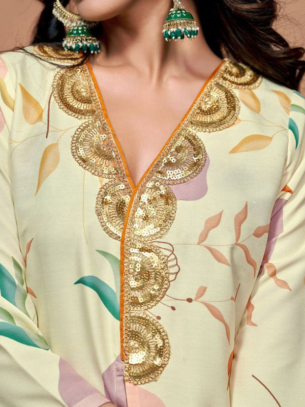Sangria Off White Floral Printed V-Neck Three-Quarter Sleeves A-Line Kurta & Trouser