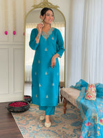 Thumbnail for The52 Blue Women's Gorgeous Viscose Fabric Embroidered Work Straight Kurta, Pant and Dupatta Set - Distacart
