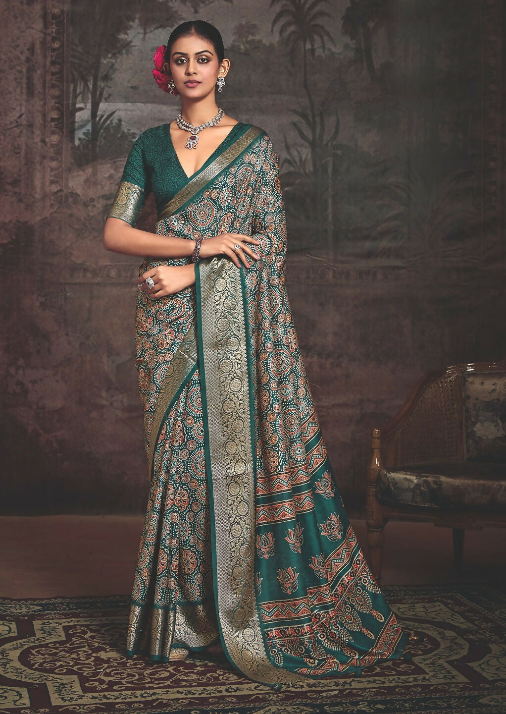 Joban Fashion Teal Green Art Silk With Fine Viscose Border Ajrak Full Body Print With Soft Finish Saree
