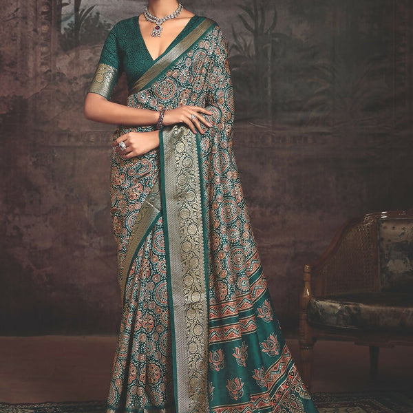 Joban Fashion Teal Green Art Silk With Fine Viscose Border Ajrak Full Body Print With Soft Finish Saree - Distacart