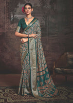 Thumbnail for Joban Fashion Teal Green Art Silk With Fine Viscose Border Ajrak Full Body Print With Soft Finish Saree