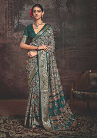 Joban Fashion Teal Green Art Silk With Fine Viscose Border Ajrak Full Body Print With Soft Finish Saree