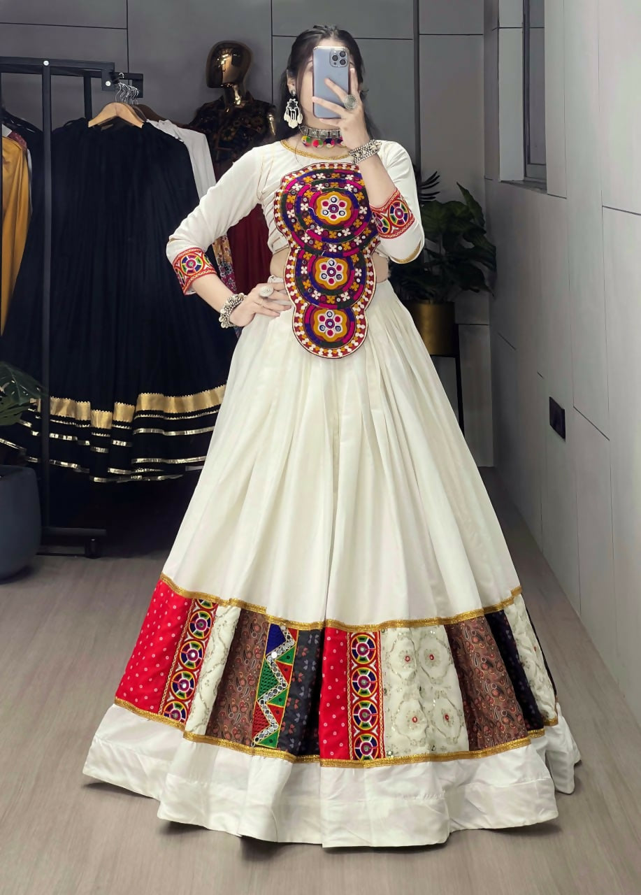 Yash Enterprise Off White Rayon Cotton Embroidery Semi Stitched Navratri Top Chaniya Choli - Dista