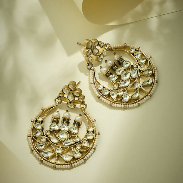 Nuyug 22K Gold-Plated Elegant Kundan Stone Studded & Pearl Beaded Chandbalis
