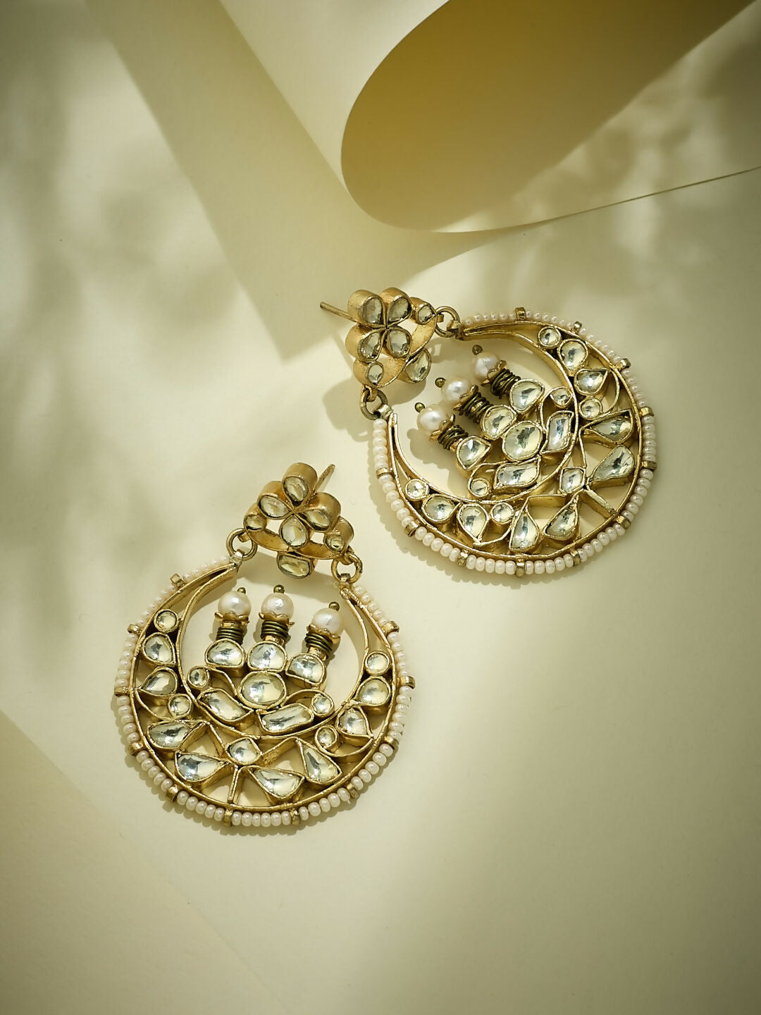 Nuyug 22K Gold-Plated Elegant Kundan Stone Studded & Pearl Beaded Chandbalis