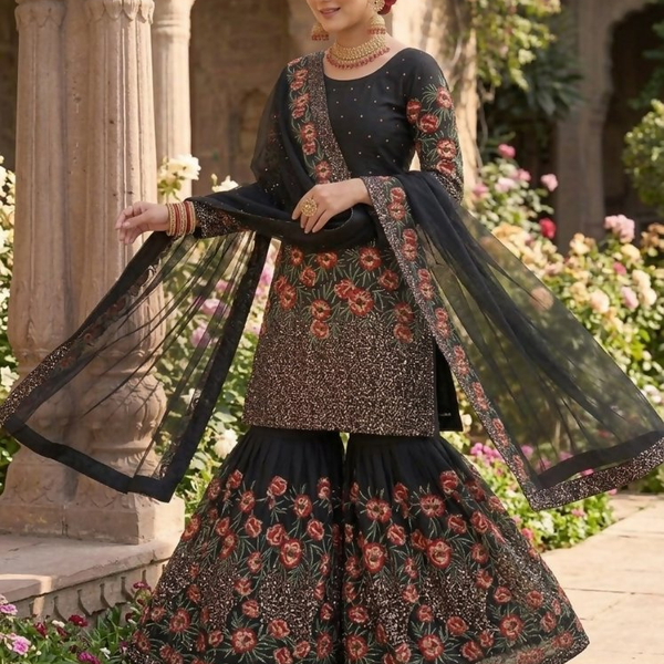 Teeya Creation Black Fendy Silk Heavy Embroidery Work Party Wear Sharara Suit - Distacart
