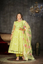 Thumbnail for Jyoti Fashion Women's Pista Net Embroidered Anarkali Kurta Pant Set With Dupatta - Distacart