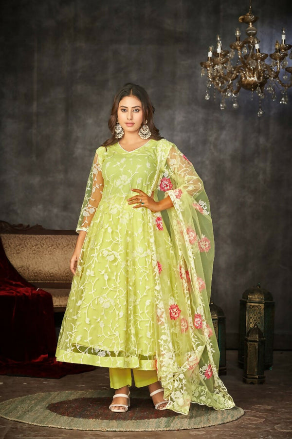 Jyoti Fashion Women's Pista Net Embroidered Anarkali Kurta Pant Set With Dupatta - Distacart