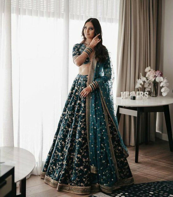 Jyoti Fashion Bottle Green Cording & Sequence Embroidery Velvet Lehenga Choli with Dupatta - Distacart