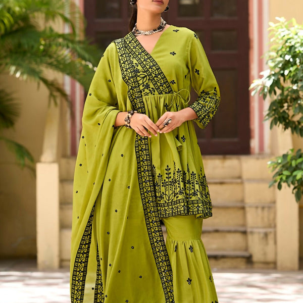 Anaita Mehendi Chinon Readymade Sharara Suit with Embroidery Work - Distacart
